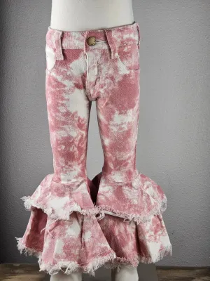 Double Tier Pink Tie Dye Print Bell Bottom Jeans