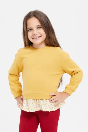 Girls Mustard Sweatshirt With Woven Ruffles Bottom