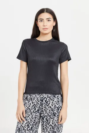 Women Black Ribbed Side Ruched T-Shirt